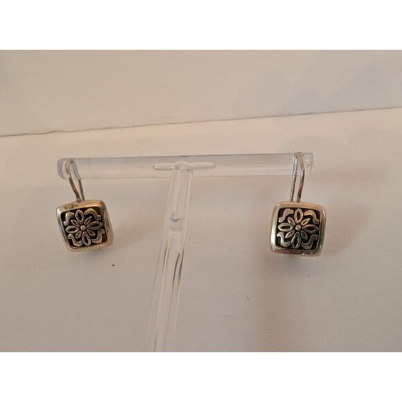 Sterling Silver Square Floral Drop Earrings With Hook Back - Picture 1 of 4